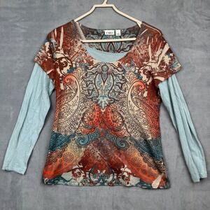 Cato Women's Blue Paisley Print Layered Long Sleeve Tunic Top Size M